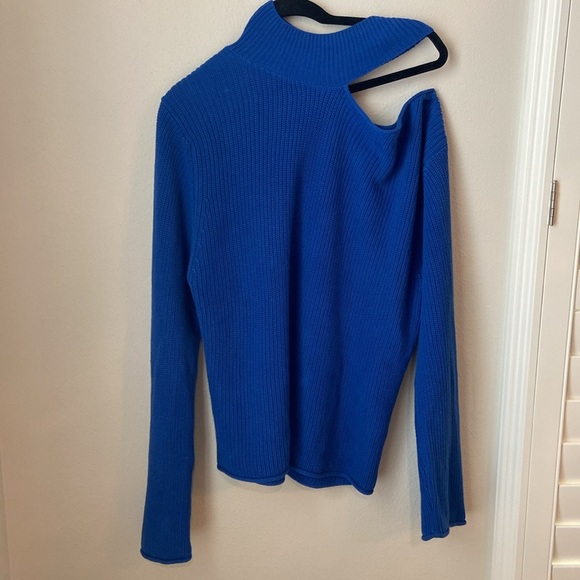RtA Langley Lagoon Blue Cutout Cotton Turtleneck Sweater Asymmetrical Knit Top - Picture 4 of 6